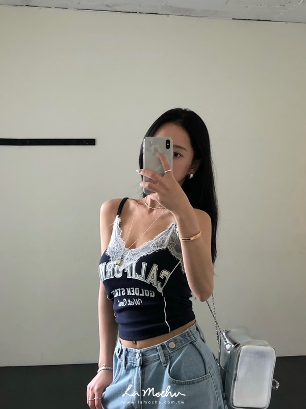 球衣風寬蕾絲坑條背心